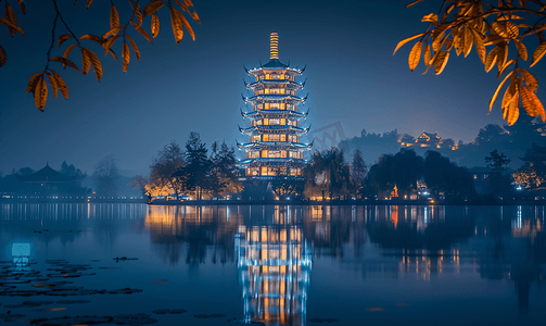 中国元素摄影照片_西湖夜景雷峰塔