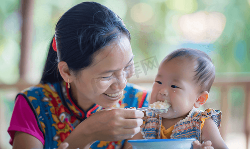 亚洲人妈妈给宝宝喂饭