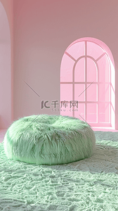 圆绿背景图片_春天室内绿粉色毛绒绒3D促销电商展台素材