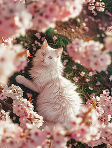 猫咪的照片摄影照片_樱花树下白色的猫摄影照片