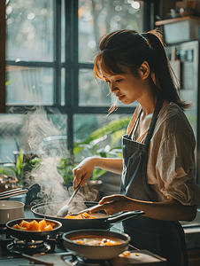 亚洲人青年女人在厨房煲汤