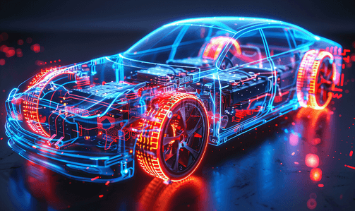 电动三轮车广告背景图片_全息电动汽车电池结构科技模型