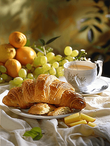 小清新早安图片摄影照片_牛角面包营养早餐