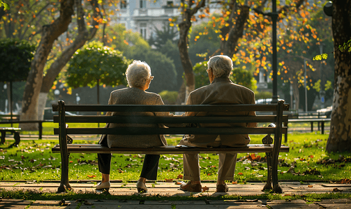 男装背影摄影照片_老年夫妇坐在公园长椅背影