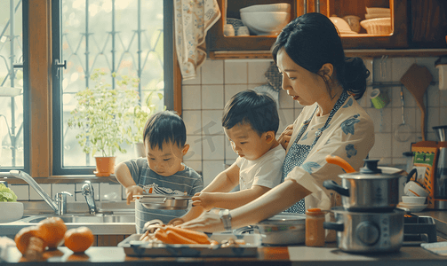 膳食摄影照片_亚洲人年轻妈妈和儿子在厨房