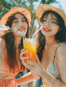 夏日饮品图片摄影照片_亚洲人快乐的青年女人品尝夏日饮品