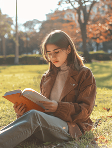 坐在校园草坪上看书的女学生