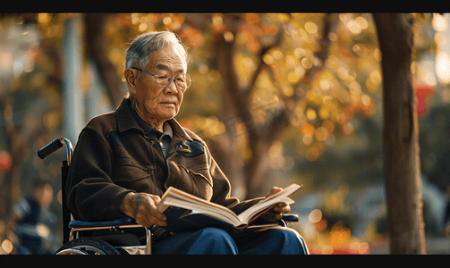 居家办公摄影照片_亚洲人户外老年男人坐在轮椅上看书
