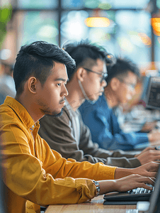 网络课堂摄影照片_亚洲人学生看着电脑在线学习