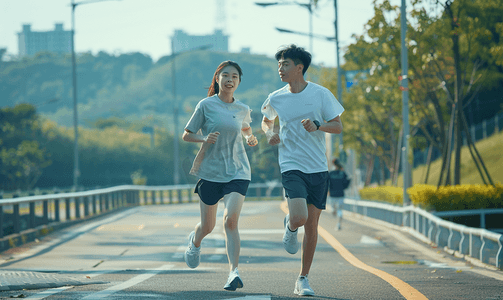 情侣慢跑摄影照片_亚洲人青年情侣户外慢跑
