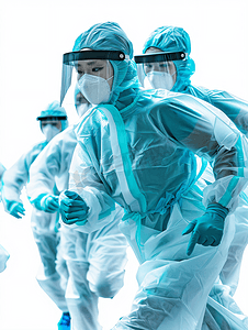 疫情背影摄影照片_亚洲人穿着防护服奔跑的医疗团队