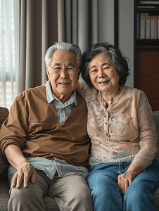 亚洲人幸福的老年夫妇在客厅