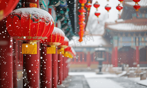 节日中国风喜庆摄影照片_北京故宫红灯笼之雪