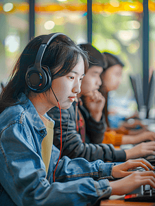 中国风底纹摄影照片_亚洲人学生看着电脑在线学习