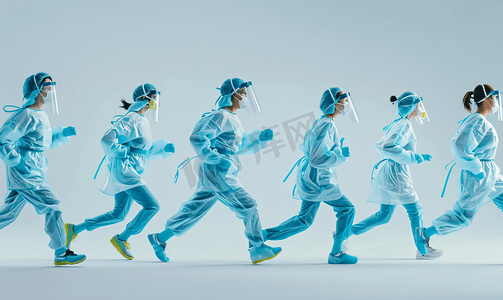 病毒摄影照片_亚洲人穿着防护服奔跑的医疗团队背影
