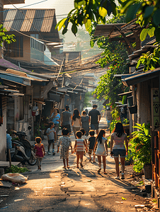 嬉戏的摄影照片_亚洲人幸福的六口之家在小区内散步1