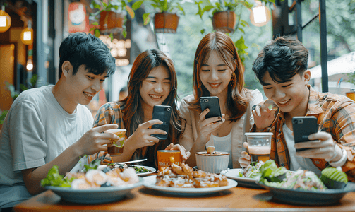 亚洲人青年朋友用手机给美食拍照人物