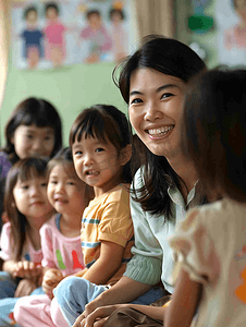 亚洲人老师和儿童在幼儿园里