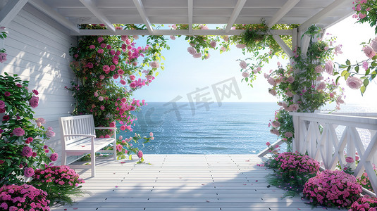 唯美海边花朵凉亭的摄影高清图片