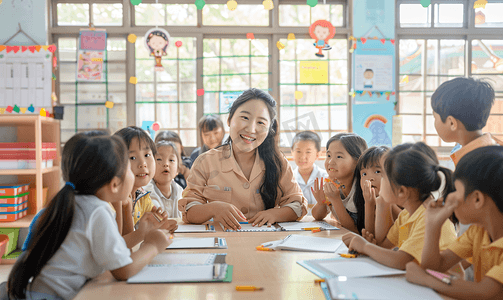 亚洲人乡村女教师和小学生在教室里