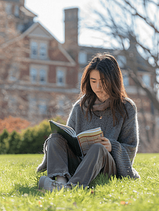 坐在校园草坪上看书的女学生