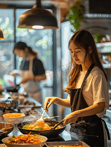 亚洲人青年女人在厨房里做饭