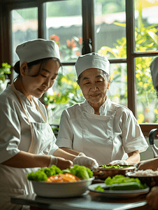 病房吃饭摄影照片_亚洲人护士照顾老年人用餐