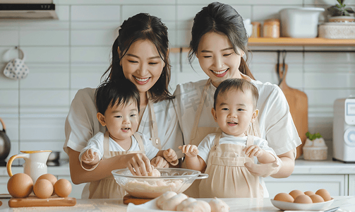 芹菜炒香干课件摄影照片_亚洲人年轻妈妈和儿子在厨房