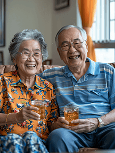 喝多人摄影照片_亚洲人快乐的老年人们在客厅喝茶聊天