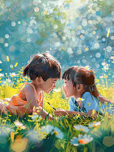 笔摄影照片_亚洲人可爱的小朋友们趴草地上画画人物