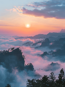 水墨山水风摄影照片_武夷山云雾日出