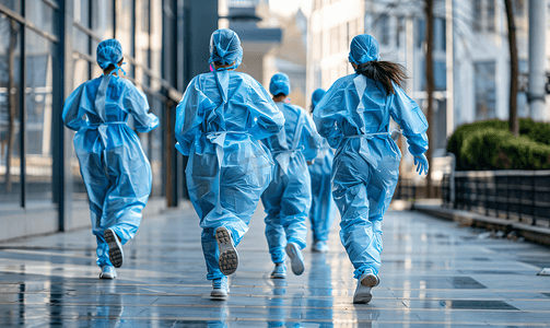 团队奔跑摄影照片_亚洲人穿着防护服奔跑的医疗团队背影