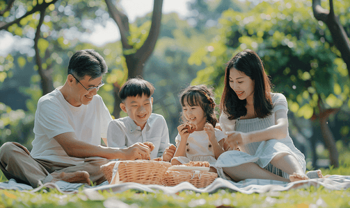 健康休闲食品摄影照片_亚洲人欢乐家庭在郊外野餐