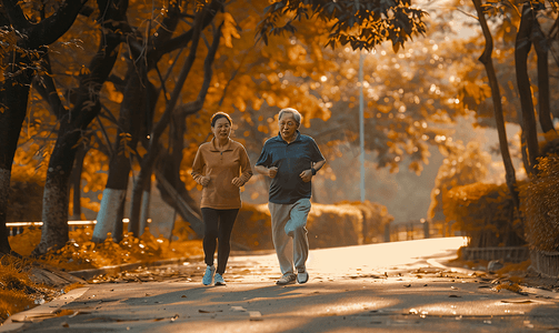 老年人摄影照片_亚洲人老年夫妇在户外慢跑