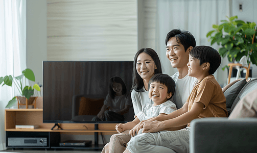亚洲人幸福家庭在看电视