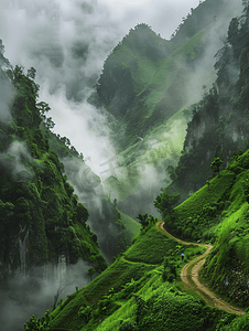 绿色清新活力摄影照片_云雾缭绕的山峦
