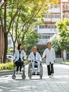24摄影照片_亚洲人护士推着坐轮椅的老年人
