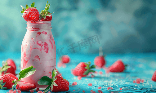 餐食图片摄影照片_玻璃瓶里的草莓果粒酸奶