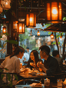 亚洲人快乐情侣在餐厅里用餐