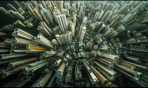 爆炸图片摄影照片_香港密集的居民区城市上空