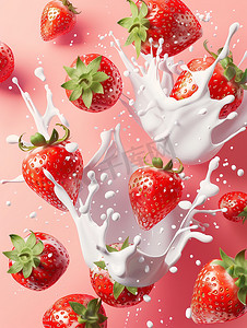 高清牛奶飞溅摄影照片_草莓和飞溅的牛奶高清摄影图