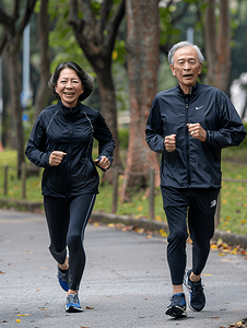 亚洲人老年夫妇在户外慢跑