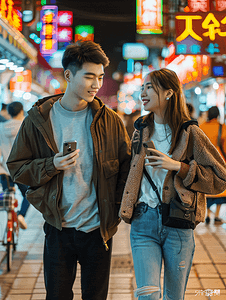 促销活动摄影照片_亚洲人快乐时尚的年轻人夜晚逛街