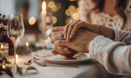 幸福甜蜜情侣摄影照片_情人节情侣餐桌上戴戒指