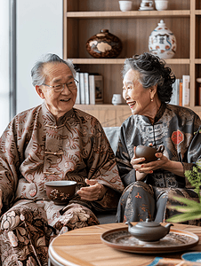 亚洲人快乐的老年人们在客厅喝茶聊天