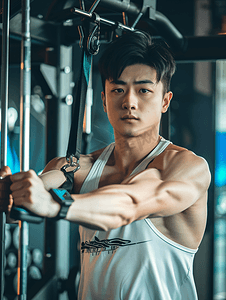亚洲人青年男人在健身房里健身
