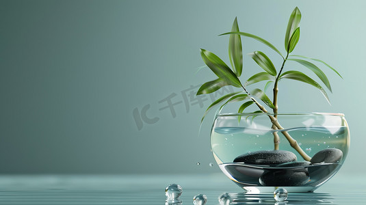 高清透明花瓶里绿植的摄影摄影图