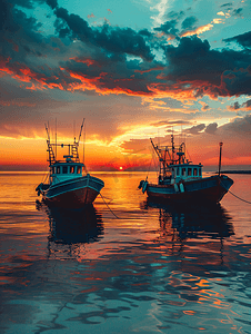 海边简约背景图片摄影照片_夕阳下的渔船