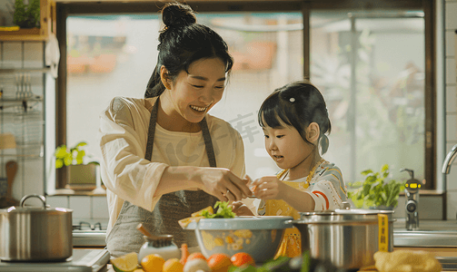 亚洲人年轻妈妈和女儿在厨房