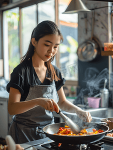 亚洲人青年女人在厨房里做饭